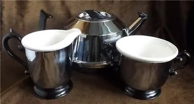 Stylish Metal & Ceramic 3-pc Teaset Teapot Sugar Bowl & Jug Silver Black White • £45