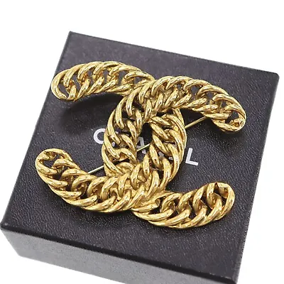 CHANEL CC Logos Chain Used Big Pin Brooch Gold Plated Vintage #CO645 M • $529