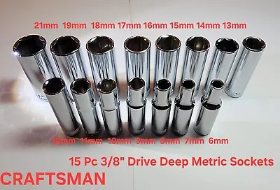 NEW Craftsman Tools 15 Piece Deep 3/8  METRIC MM 6 Point Socket Set 6-19mm +21mm • $47