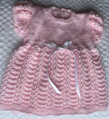 Hand Knitted Dress Age 0-3 Months White With Pink Ribbon • £9