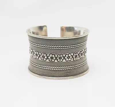 Fantastic Vintage Wide Sterling Silver Flower Detail Cuff Bracelet • $175