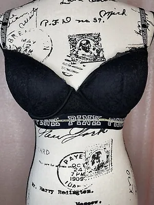 Victorias Secret PINK Date Push-up Multi-way Bra Black Lace Bling 34DD Sexy Logo • $18.99