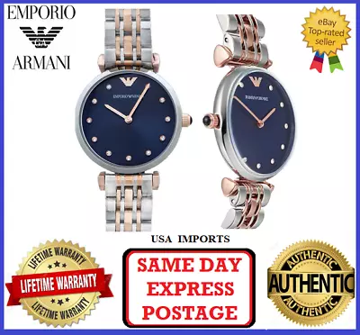 Emporio Armani AR11092 Gianni T-Bar Silver Rose Gold And Blue Womens Watch • $229.99