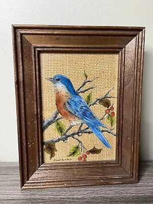 Vintage Reversed Glass Painting With Wooden Frame Donna Mitchell Blue Bird • $32