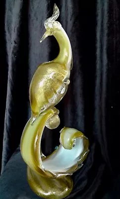 VTG Alfredo BARBINI VENETIAN Murano Glass GOLD PEACOCK 14  TALL Bird Of PARADISE • $199.99