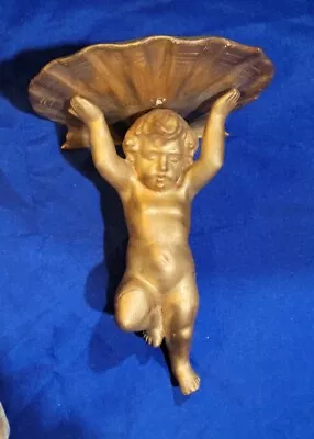 Vintage Italian Florentine Carved & Gilded Wood Cherub Wall Sconce Shelf  • $64.99