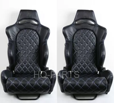 2 Tanaka Black Pvc Leather Racing Seat Recline Blue Diamond Stitch For Mustang • $306.89