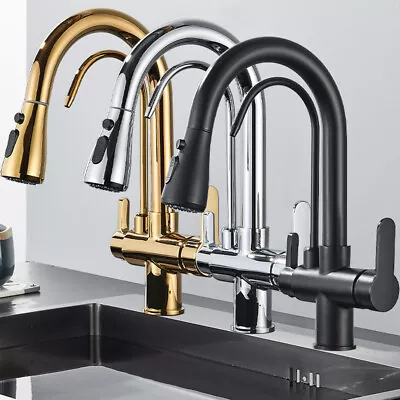 Modern Mono Kitchen Sink Mixer Taps 360° Pull Out Spray Spout Twin Lever 3 Way • £45.99