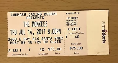 2011 The Monkees Santa Ynez Concert Ticket Stub Daydream Believer Davy Jones T40 • $5.99