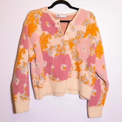 Zara Knit Stretch Pink Orange Abstract Floral Flower Henley Pullover Sweater M • $36