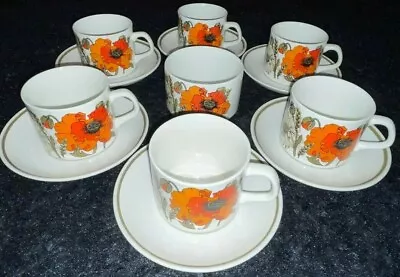 £16.50 • Buy VINTAGE J&G MEAKIN POPPY DESIGN CUPS AND SAUCERS X 6 AND SUGAR BOWL 1970's