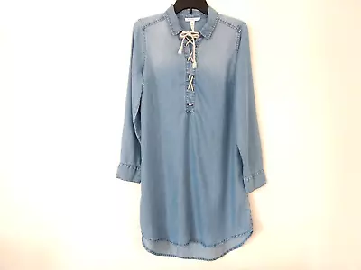 BEACH LUNCH LOUNGE Dress M Blue Denim Lace Up Chambray Long Sleeves FLAWS • $13.50