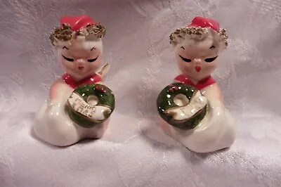 $25 • Buy Vintage Ceramic Salt & Pepper Shaker's Small Christmas Angel's Holding Wreath's