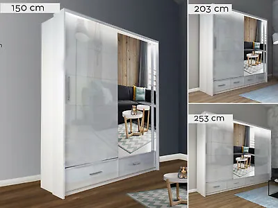 SYCYLIA High Gloss Sliding Double Door Modern Bedroom Style Mirrored Wardrobe • £499