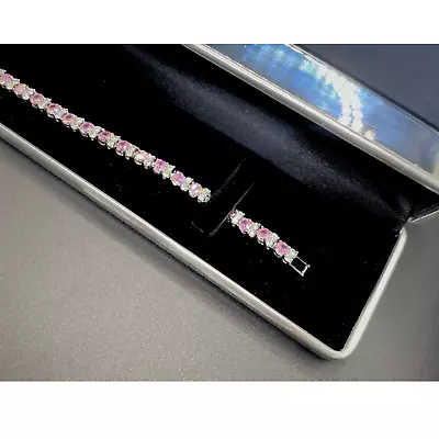 White Gold Finish Created Diamond Pink Tourmaline Round Cut Bracelet • £59.99