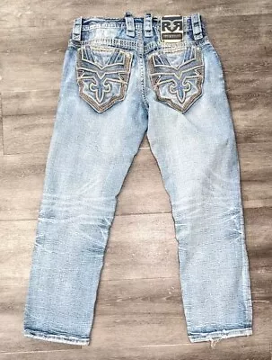 Mens Rock Revival Jeans  Tomek  Leather Inserts Slim Straight Size 28 • $60