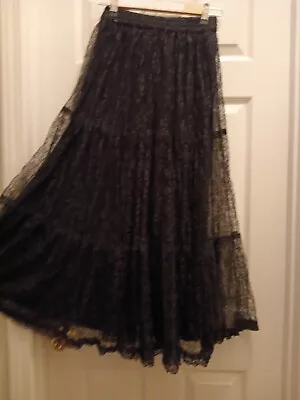 Vtg 80s 90s BILA Long Black Skirt Floral Lace Rayon Tiers Peasant Elastic Wst M • $14.99