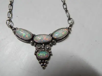 Vintage Navajo Indian Sterling Silver + Opal Necklace -hand Made Chain - Nice ! • $175