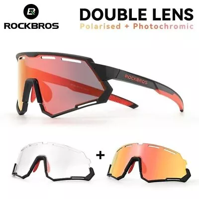 ROCKBROS  2 Lens Polarised Photochromic Sunglasses Bicycle Cycling Glasses UV400 • $30.66