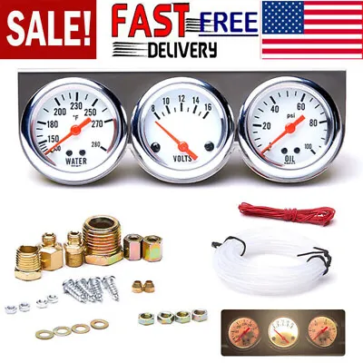 2 52mm Chrome Car Triple Gauge Set Kit 3in1 Water Temp Oil Pressure Volt Meter • $23.99