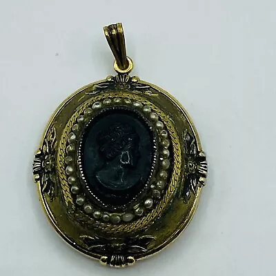 Black Cameo Faux Seed Pearls Mourning Locket Necklace Signed Coro Vintage • $29.95