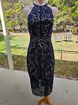 $90 • Buy PORTMANS SIGNATURE Dark Inky Blue Lace Over Cream Lining Dress Size 6 EUC Races