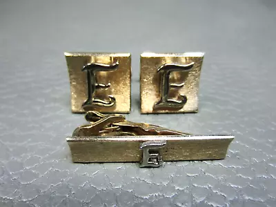Vintage Initial  E  Yellow Gold Plated Cuff Links With Tie Clasp • $19.95