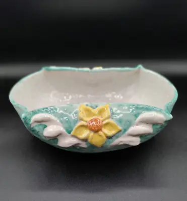 $16.50 • Buy Italy Pottery Dish Chunky Ash Glaze Pinch Corners Teal With Yellow Orange Flower