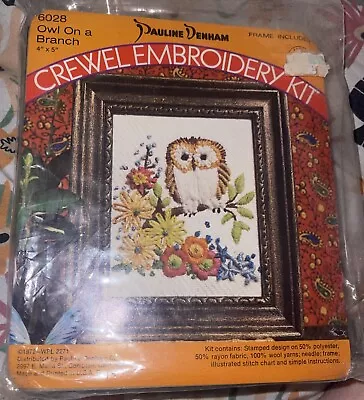VTG Caron Pauline Denham Crewel Embroidery Kit Owl On Branch W/ Frame NEW Sealed • $19.96