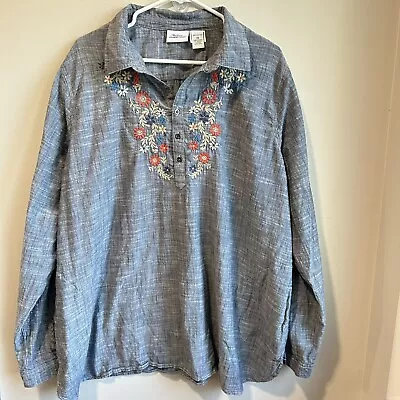 The Vermont Country Store Blouse Womens 2X Top Floral Long Sleeve Blue • $17.99