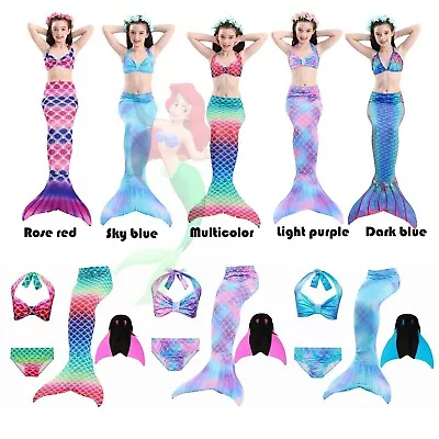 Kids Girls Mermaid Tail Swimming Costume Swimmable Bikini Set Swimsuits Monofin  • £19.99