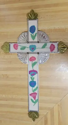 Handmade Punched Tin Cross With Embroidered Flowers New Mexican Spanish Folk Art • $135