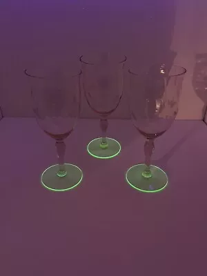 3 Vintage Watermelon Pink Green Uranium Optic Water Wine Glass Goblet Set • $75