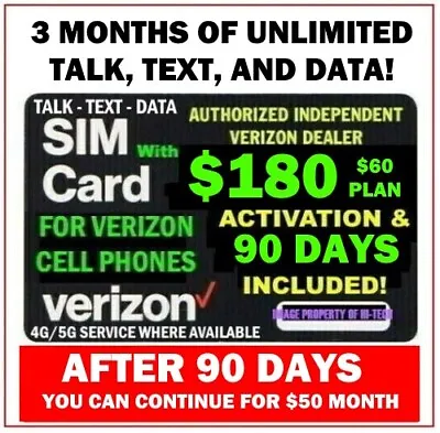 Verizon Sim ✅ 3 Months Service ✅ Unlimited Data & Talk & Text ✅ $180 Value! • $135