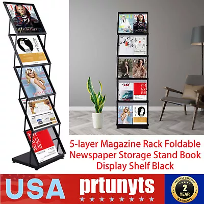 5-layer Magazine Rack Foldable Newspaper Storage Stand Book Display Shelf Black  • $65.55