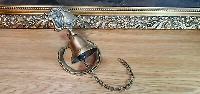 VINTAGE BRASS WALL PORCH BELL With Chain Horses Head And Horseshoe • £22.99