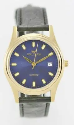 Waltham Men's Gold Stainless Black Leather Blue Easy Read Date Quartz Watch • £28.87