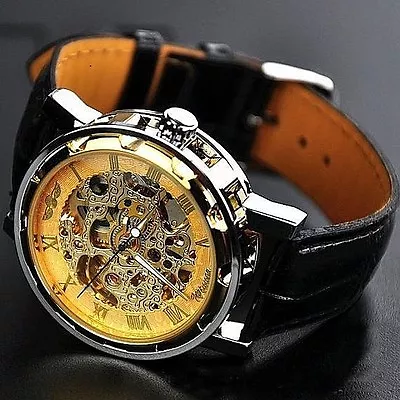 Classic Men's Gold Dial Skeleton Black Leather Mechanical Sport Army Wrist Watch • $21.99