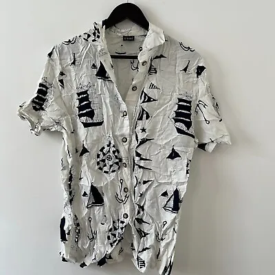 £16.99 • Buy Vintage Womens Blouse Shirt Top Size 14 Black White Boat Print Nautical Sailor 
