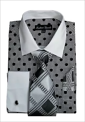 Men's Fashion Polka Dot  French Cuff Dress Shirt With Tie & Hanky  FL632 • $24.69