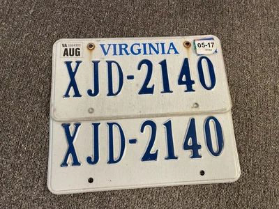 $6.99 • Buy VA Virginia License Plate Tag PAIR AUG MAY 2017 XJD-2140