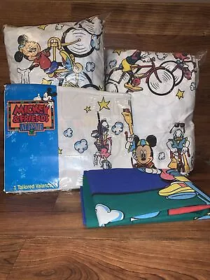 Vintage 1990’s Mickey And Friends Tour De Mick Sheet Set For Twin W/ Valance New • £63.69