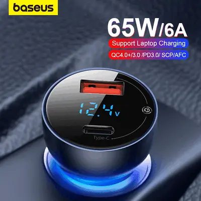 Baseus 65W Fast Car Charger Type-C USB Cigarette Lighter Socket Dual Adapter Kit • £7.99