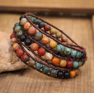 African Turquoise Bead Boho 3 Strands Handmade Woven Leather Women Wrap Bracelet • $15.56