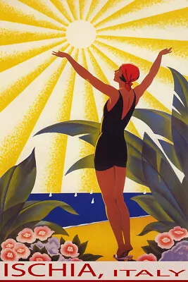 Ischia Italy Beach Woman Saluting The Sun Travel Vintage Poster Repro FREE S/H • $17.90