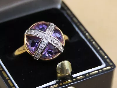 9ct Gold Ring With Amethyst And Diamonds Unusual Design • £50