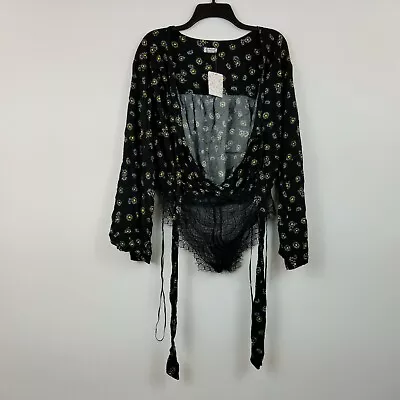 Free People Women Size XS Black Floral Flare Sleeve Drawstring Neck Bodysuit NEW • £19.46