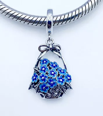 💖 Blue Flower Basket Dangle Charm Pendant Floral Genuine 925 Sterling Silver 💖 • £17.95