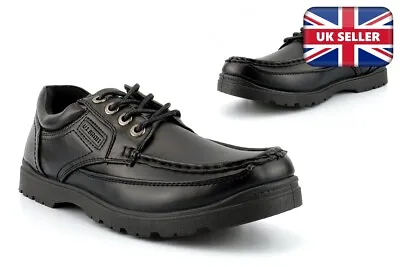 US Brass Mens Boat Shoes Boys School Shoes Work Shoes Black Shoes Lace Up Size • £23.66