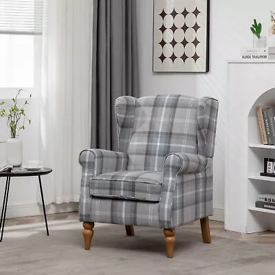 High Wing Back Armchair Tartan Fabric Chair Fireside Seat Living Room Lounge UK • £239.99